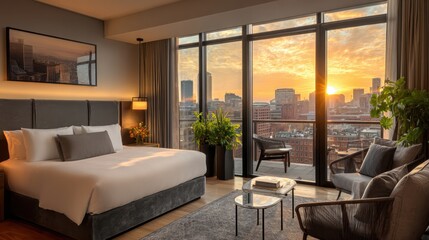 Fototapeta premium Modern hotel room with city view at sunset