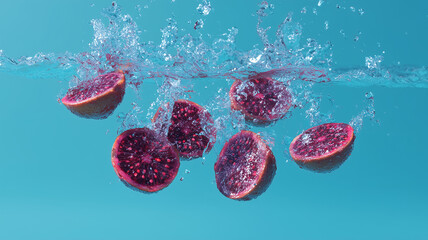 Fototapeta premium Fig slices splashing in blue water