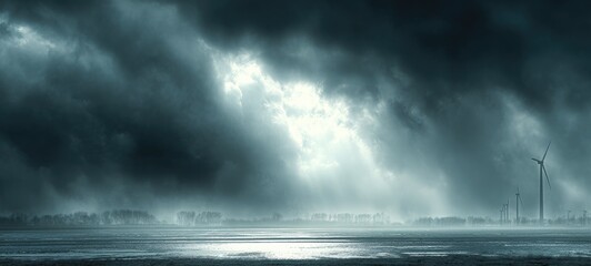 Dramatic, stormy landscape with sunbeams piercing clouds over a flat, misty shoreline