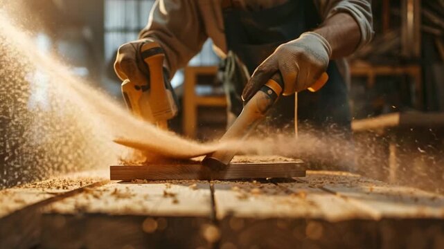 Carpenter working with wood plank in workshop 4K Videos
