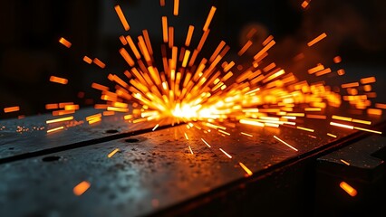 Close-up of glowing orange sparks on textured metal in a dark industrial environment.