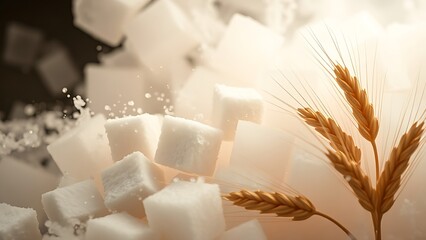 Crystalline sugar cubes and wheat stalks dissolving into mist, revealing hidden nutritional layers.