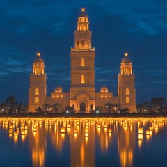 Naklejka premium Illuminated building complex at twilight reflecting in water.