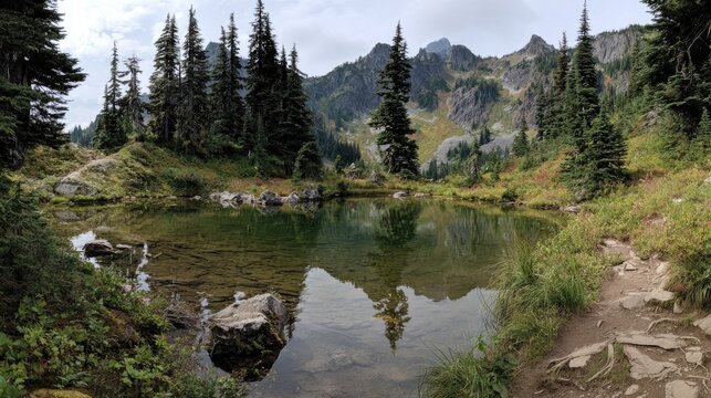 Mountain lake nestled in a forest. Tranquil scene - Powered by Adobe