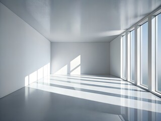 Obraz premium Sunlit empty modern room with large windows casting long shadows on the floor, creating a bright and clean architectural space with a minimalist aesthetic, ideal for commercial or residential design