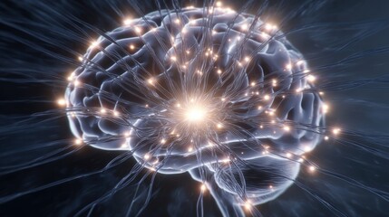 Obraz premium A brain with many wires coming out of it. The brain is glowing and it looks like it is on fire