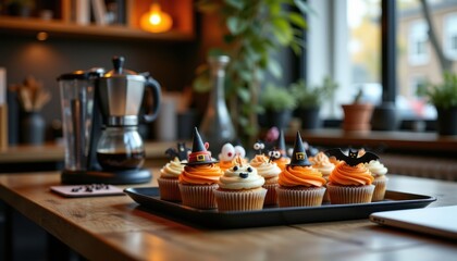 Halloween in the office with themed cupcakes on tray near coffee pot, photo realistic style clear composition high resolution