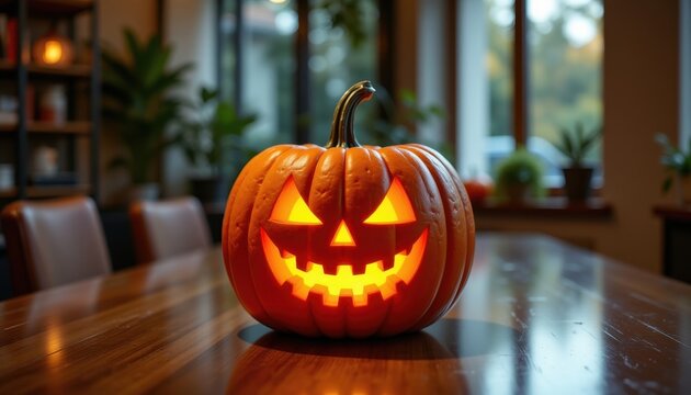 Halloween in the office with jack o lantern centerpiece on meeting table, photo realistic style clear composition high resolution