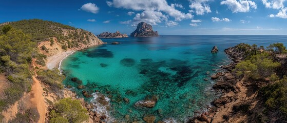 Panoramic view of a turquoise bay with rocky coastline and a dramatic island