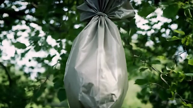 Shiny, grayish bag suspended in foliage against a backdrop of blurred green grass