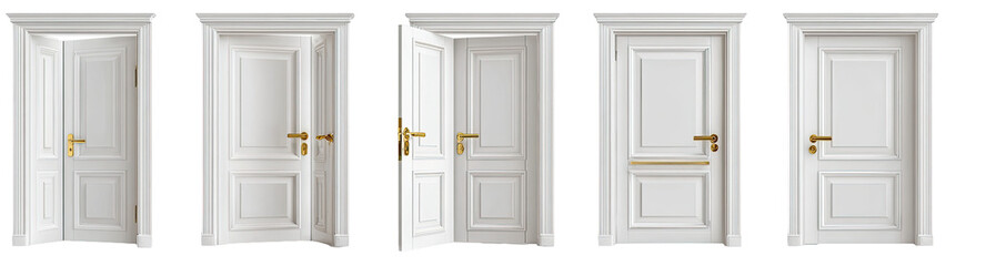 A digital graphic of multiple white doors, some open, with gold-toned hardware