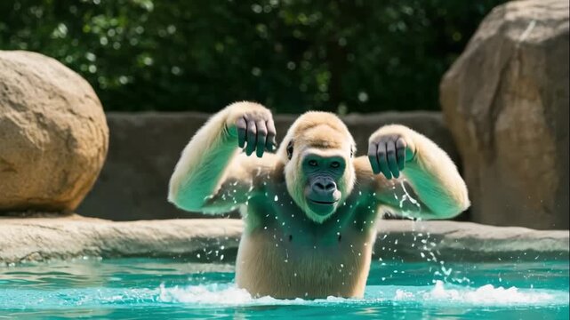 A strong gorilla joyfully splashes in the turquoise water of a natural pool against a rocky backdrop. Concept of wild nature and animal energy
