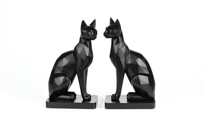 Two black, geometric cat sculptures face each other on small bases against a white backdrop
