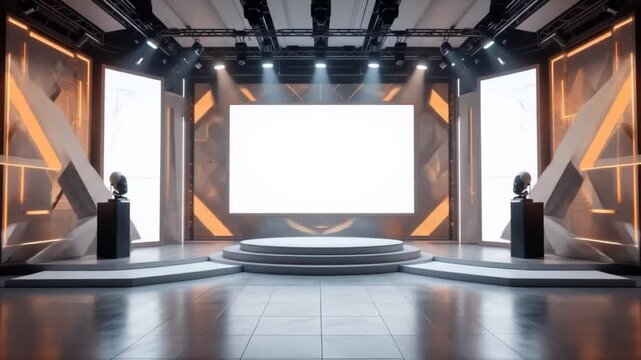 Futuristic Virtual Studio Set with Blank Screens and Stage Platform for Presentation