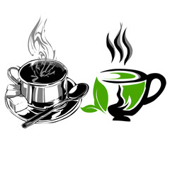 Tea and coffee cup illustration – black and white with green accent design