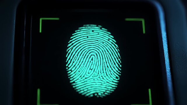 Glowing turquoise fingerprint is scanned within a squared scanner frame