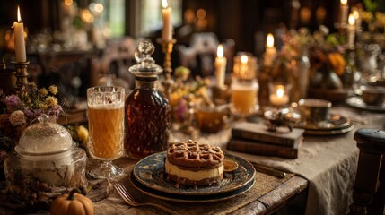 Fototapeta premium Rustic Autumnal Table Setting with Chocolate Cake