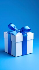 Obraz premium White Gift Box Blue Ribbon Blue Background