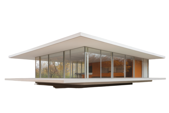 Modern minimalist glass pavilion with wood trim  
