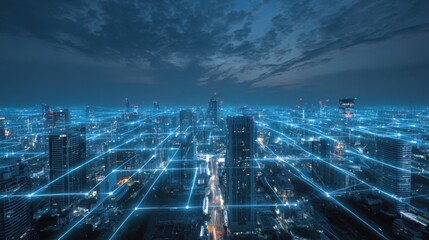 A cityscape with a blue sky and a few clouds. The city is lit up with lights and the sky is filled with a blue hue. The city appears to be a futuristic metropolis with a sense of wonder and excitement