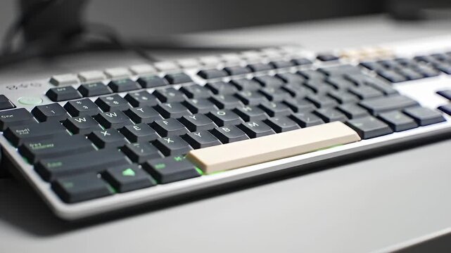 Angled view of a black and white computer keyboard on a pale grey surface
