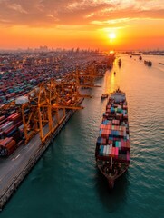 Fototapeta premium Aerial view of a container ship navigating a port at sunset. Shipping cranes and cargo containers line the docks