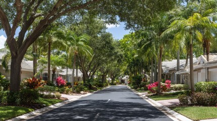 Sunny residential street lined with lush greenery and homes