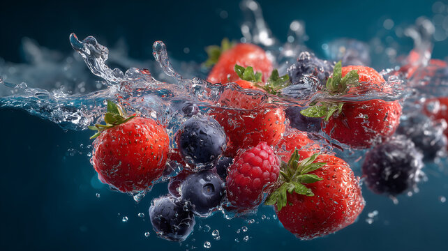 Strawberries blueberries raspberries in water splash