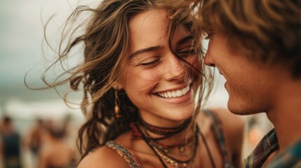 Smiling Couple Embracing Outdoors Soft Light