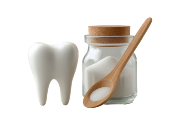 A white tooth next to a glass jar containing granulated white sugar, with a wooden spoon