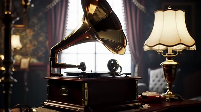 Polished brass phonograph dominates an opulent vintage-style room, beside a soft lamp