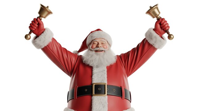 Jolly santa claus ringing bells with arms raised in celebration
