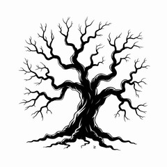 A black and white silhouette vector design of a haunted tree with twisted branches
