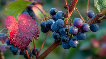 Ripe Blue and Purple Grapes on Vine with Red Autumn Leaf
