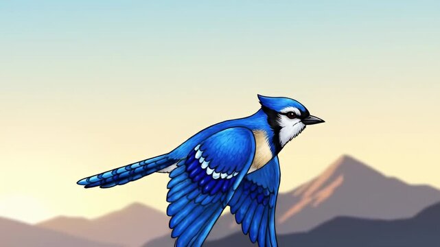 Digitally painted blue jay in flight against a pale sky and muted mountain backdrop