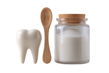Tooth, wooden spoon, and sugar jar.  Healthy teeth, oral care, and sugars