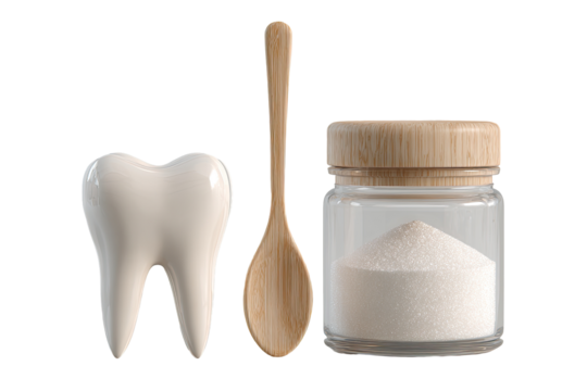 A tooth, wooden spoon, and a clear jar of white powder