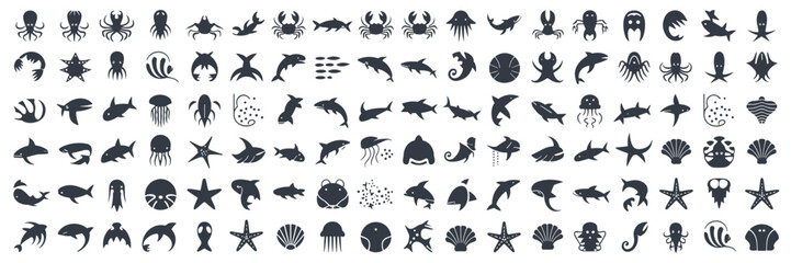 Obraz premium Collection of Dark Blue Marine Life Icons on White Background octopus crab