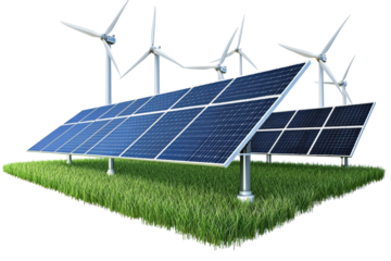 Solar panels and wind turbines in green field  
