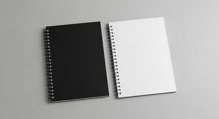 Minimalist Composition: Black and White Spiral Notebooks on Neutral Gray Background