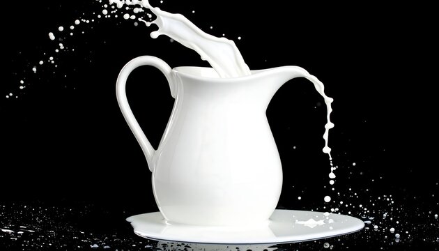 White milk pitcher pouring, splashes on black background
