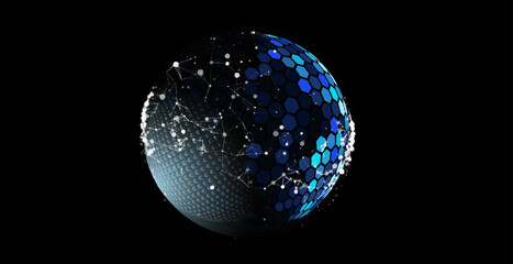 Glass transparent protection sphere shield. Sphere shield with hexagon pattern on blue background. Bubble shield in the form of a force energy field. Protection and safety concept.