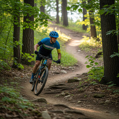 Fototapeta premium Cyclist riding bike in nature trail
