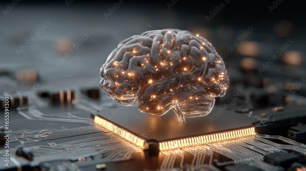 Wall mural a computer chip with a brain on it. the brain is glowing and surrounded by a black background