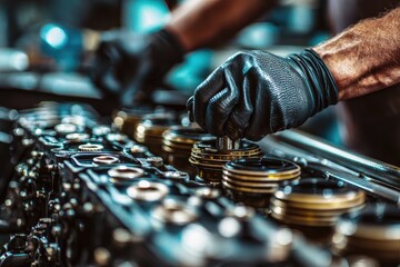 Close-up of mechanic's hands working on engine
