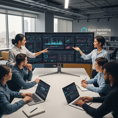Digital marketing team analyzing data with big screen