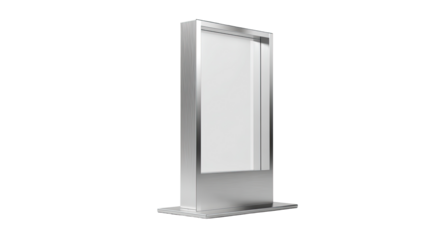 A metallic, rectangular digital billboard, freestanding.  Blank white display.  Modern, sleek design.  Simple, minimalist form