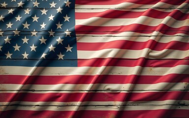 Vintage US American flag crumpled on worn wooden background. Blank copy space for text. For USA Memorial day, Veterans day, 4th of July, or other patriotic holiday. High quality