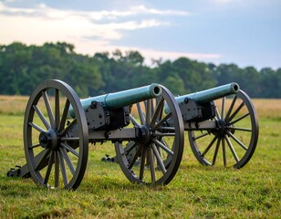 Two antique cannons on a grassy field