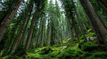 Fototapeta premium A forest with many trees and a lot of green grass. The trees are tall and the grass is lush and green. The sky is cloudy and the sun is not visible